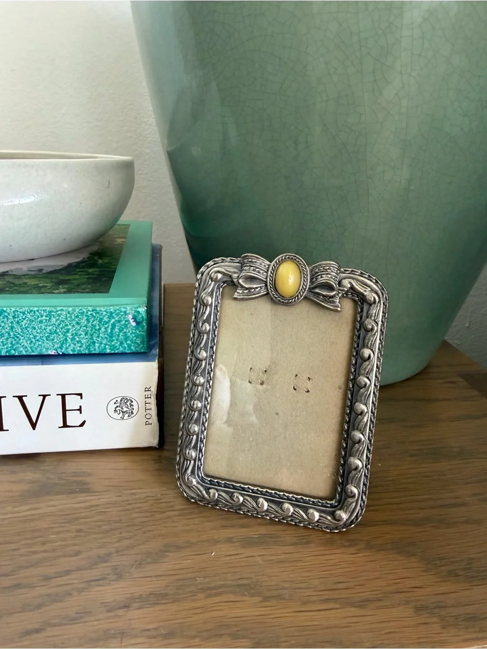 VTG 3x4 Hollywood Regency Silver Metal Bow Picture Frame Yellow Cabochon Pic 2x3